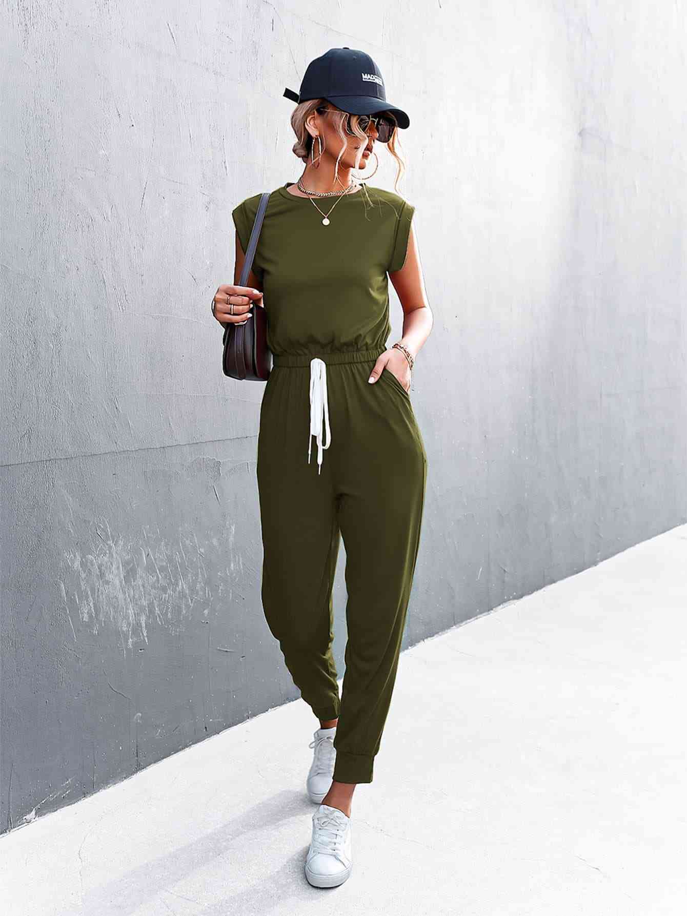 Round Neck Cap Sleeve Jumpsuit