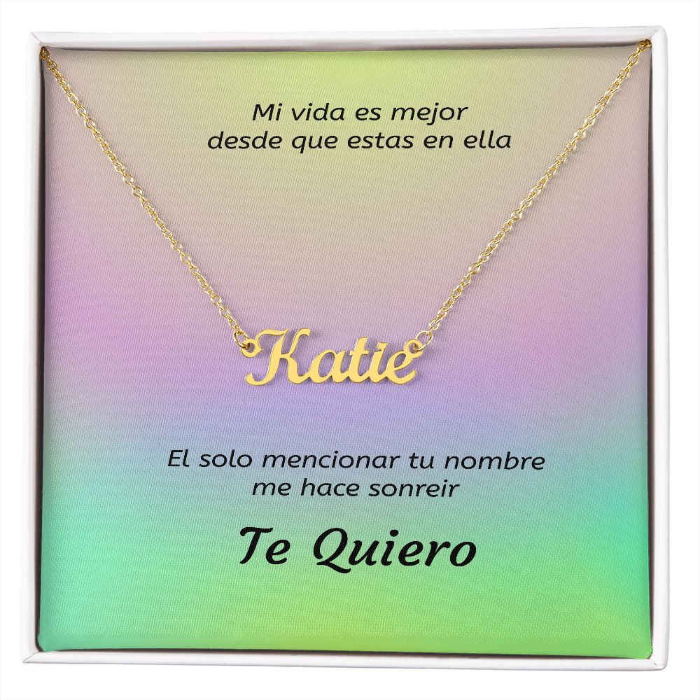 Custom name necklace with message card Spanish